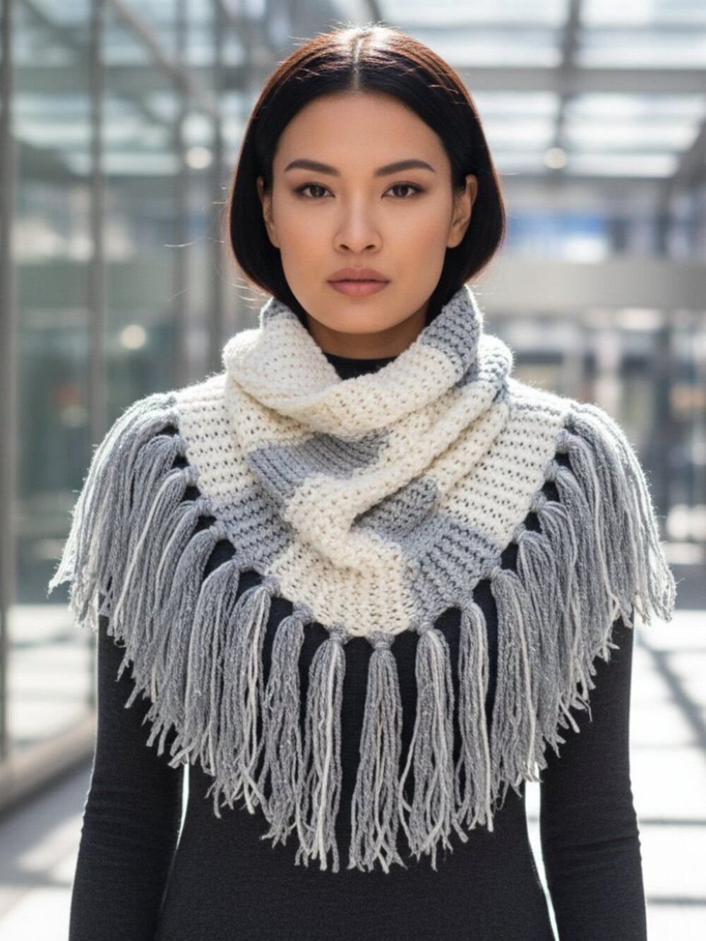 NEW Hand Knitted White Silver Metallic Boho Cowl Scarf Fringe Cottage Boho Indie